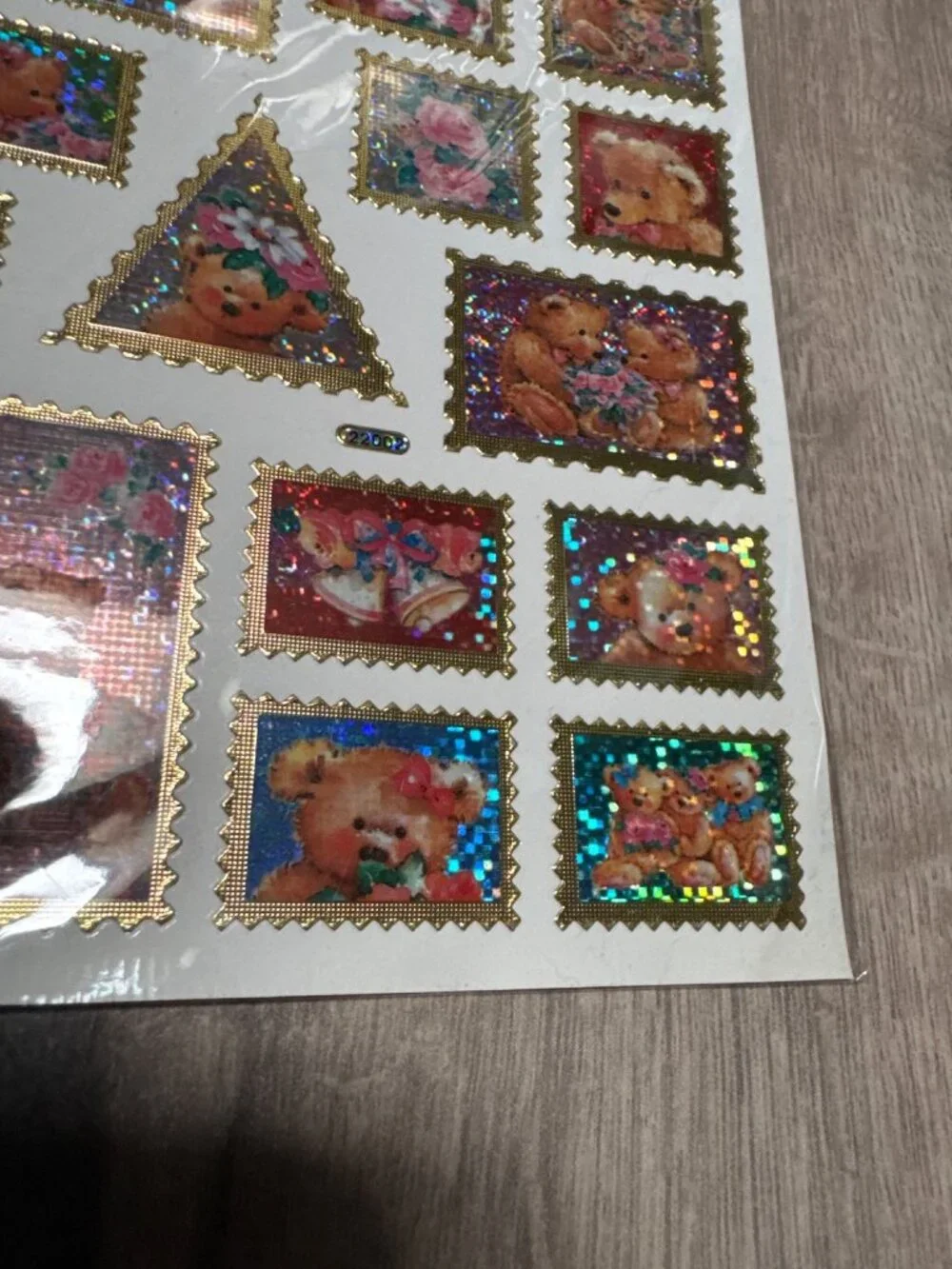 Vintage Holographic Teddy Bear Stamp Stickers With Gold Foil Borders - 2002 Coll